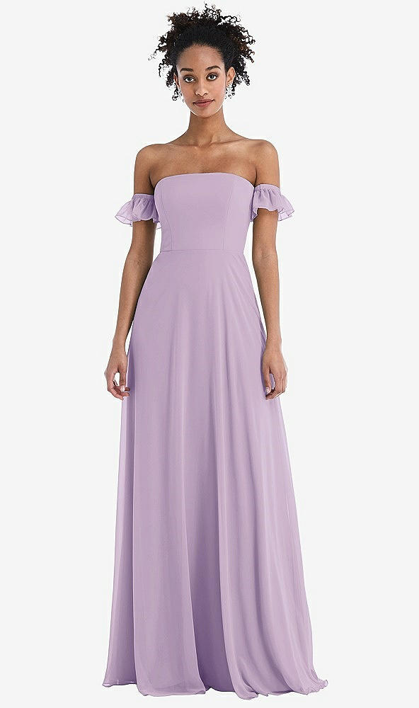 Front View - Pale Purple Off-the-Shoulder Ruffle Cuff Sleeve Chiffon Maxi Dress