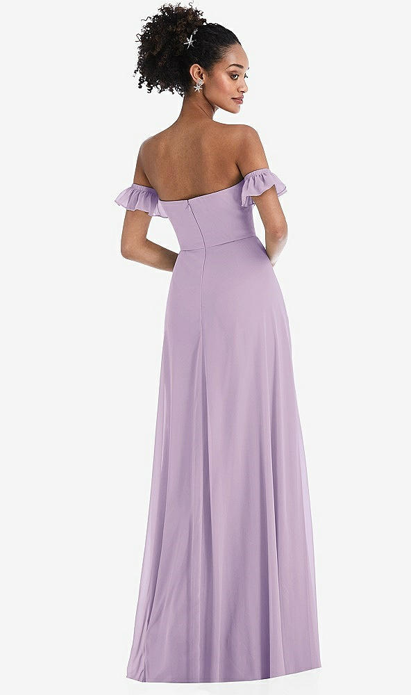 Back View - Pale Purple Off-the-Shoulder Ruffle Cuff Sleeve Chiffon Maxi Dress