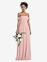 Alt View 1 Thumbnail - Rose - PANTONE Rose Quartz Off-the-Shoulder Ruffle Cuff Sleeve Chiffon Maxi Dress