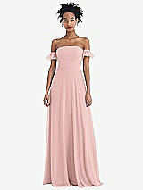 Front View Thumbnail - Rose - PANTONE Rose Quartz Off-the-Shoulder Ruffle Cuff Sleeve Chiffon Maxi Dress