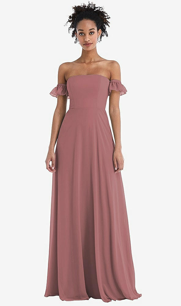 Front View - Rosewood Off-the-Shoulder Ruffle Cuff Sleeve Chiffon Maxi Dress