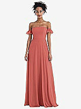 Front View Thumbnail - Coral Pink Off-the-Shoulder Ruffle Cuff Sleeve Chiffon Maxi Dress