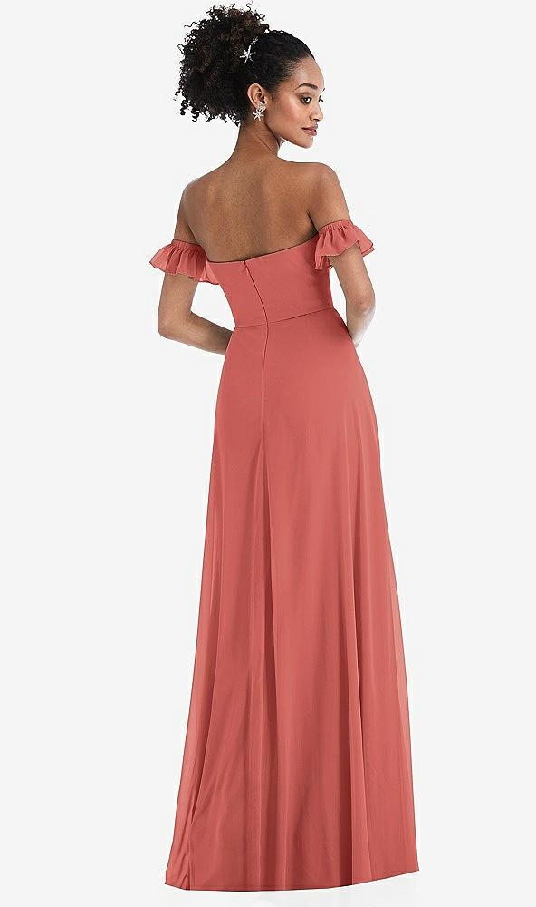 Back View - Coral Pink Off-the-Shoulder Ruffle Cuff Sleeve Chiffon Maxi Dress