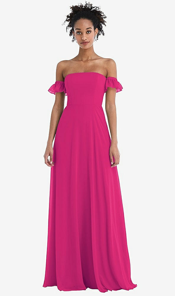 Front View - Think Pink Off-the-Shoulder Ruffle Cuff Sleeve Chiffon Maxi Dress