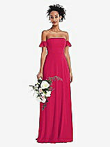 Alt View 1 Thumbnail - Vivid Pink Off-the-Shoulder Ruffle Cuff Sleeve Chiffon Maxi Dress