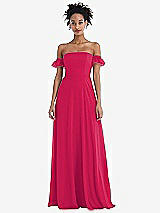 Front View Thumbnail - Vivid Pink Off-the-Shoulder Ruffle Cuff Sleeve Chiffon Maxi Dress