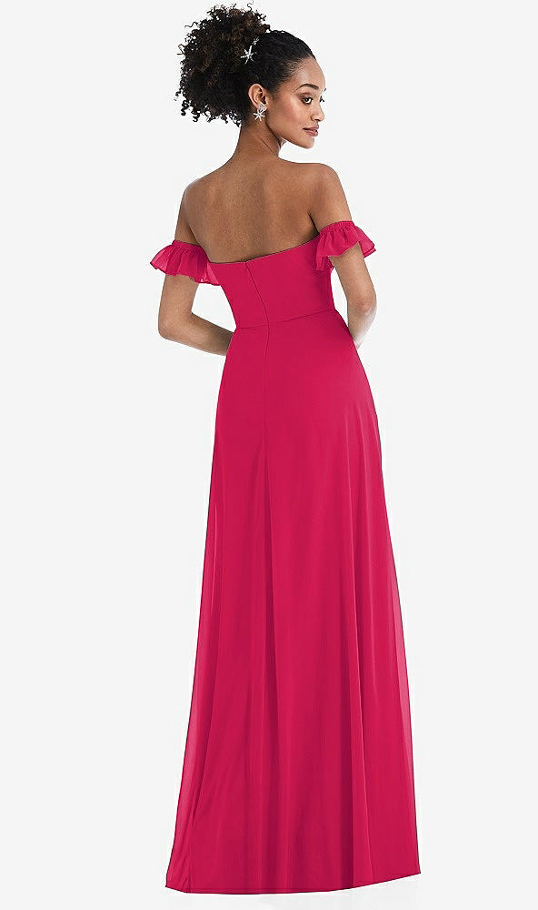 Back View - Vivid Pink Off-the-Shoulder Ruffle Cuff Sleeve Chiffon Maxi Dress