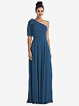 Front View Thumbnail - Dusk Blue Bow One-Shoulder Flounce Sleeve Maxi Dress