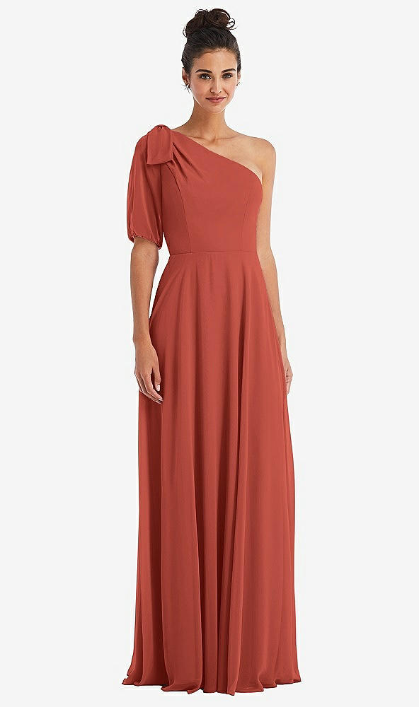 Front View - Amber Sunset Bow One-Shoulder Flounce Sleeve Maxi Dress