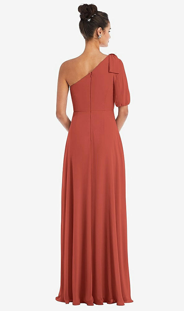 Back View - Amber Sunset Bow One-Shoulder Flounce Sleeve Maxi Dress