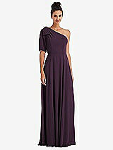 Front View Thumbnail - Aubergine Bow One-Shoulder Flounce Sleeve Maxi Dress