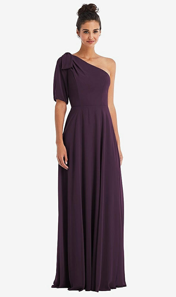 Front View - Aubergine Bow One-Shoulder Flounce Sleeve Maxi Dress