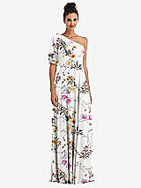 Front View Thumbnail - Butterfly Botanica Ivory Bow One-Shoulder Flounce Sleeve Maxi Dress