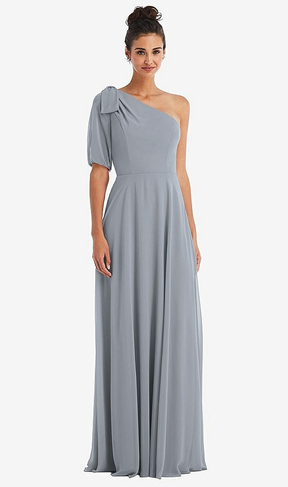 Front View - Platinum Bow One-Shoulder Flounce Sleeve Maxi Dress