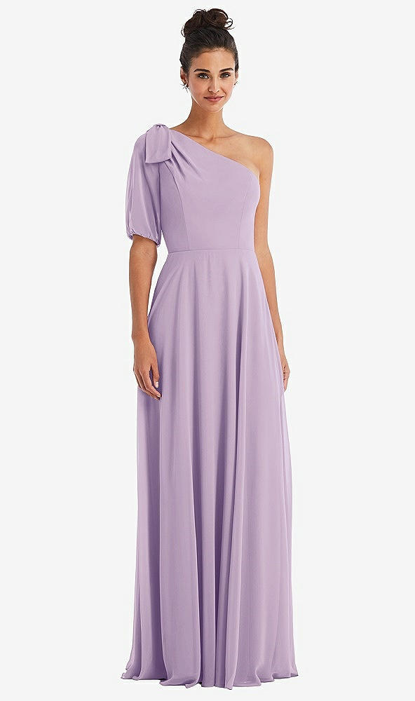 Front View - Pale Purple Bow One-Shoulder Flounce Sleeve Maxi Dress