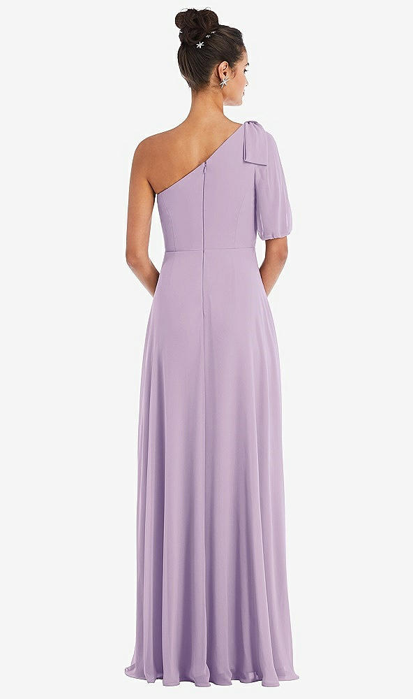 Back View - Pale Purple Bow One-Shoulder Flounce Sleeve Maxi Dress