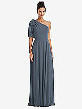 Front View Thumbnail - Silverstone Bow One-Shoulder Flounce Sleeve Maxi Dress