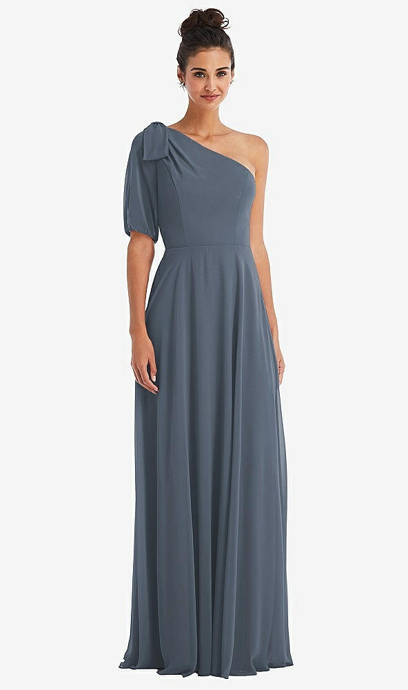 Front View - Silverstone Bow One-Shoulder Flounce Sleeve Maxi Dress