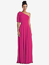 Front View Thumbnail - Think Pink Bow One-Shoulder Flounce Sleeve Maxi Dress