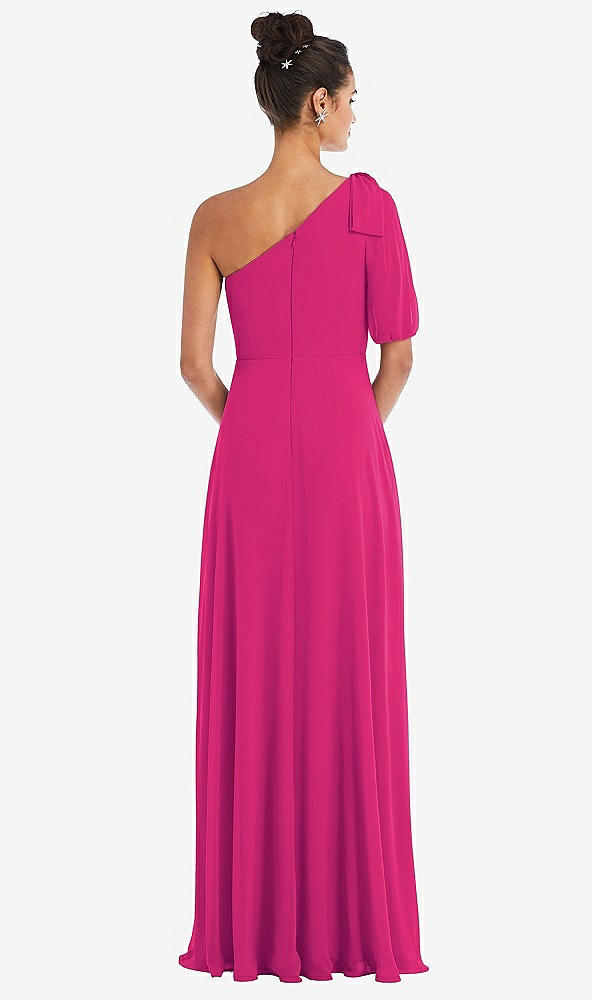 Back View - Think Pink Bow One-Shoulder Flounce Sleeve Maxi Dress