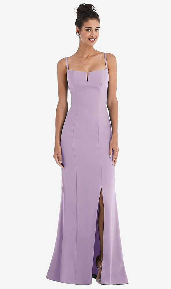 Front View - Pale Purple Notch Crepe Trumpet Gown with Front Slit