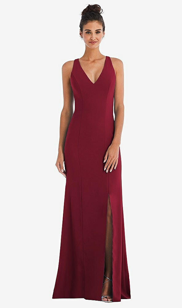 Back View - Burgundy Criss-Cross Cutout Back Maxi Dress with Front Slit