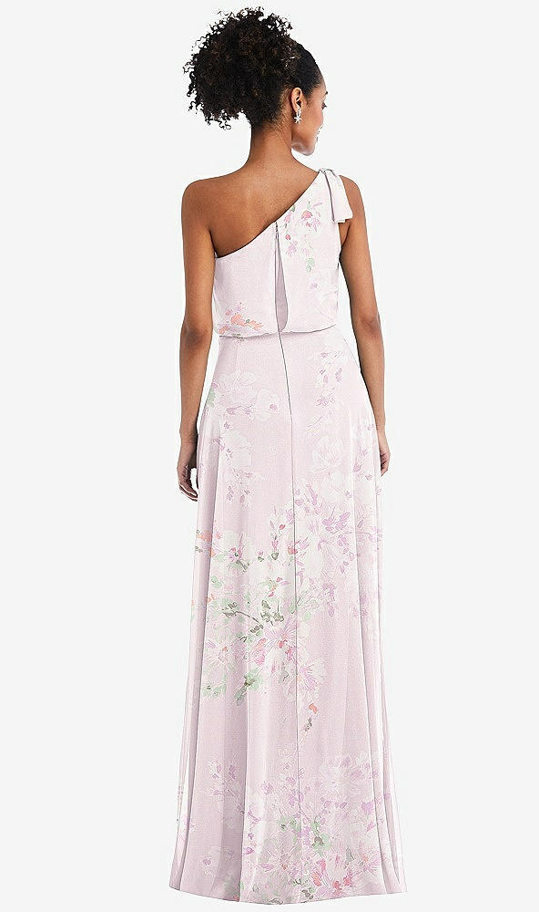 Back View - Watercolor Print One-Shoulder Bow Blouson Bodice Maxi Dress
