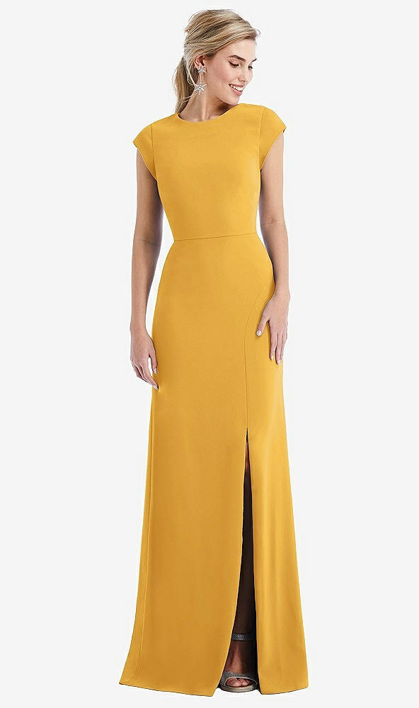 Front View - NYC Yellow Cap Sleeve Open-Back Trumpet Gown with Front Slit
