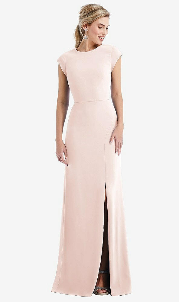 Front View - Blush Cap Sleeve Open-Back Trumpet Gown with Front Slit