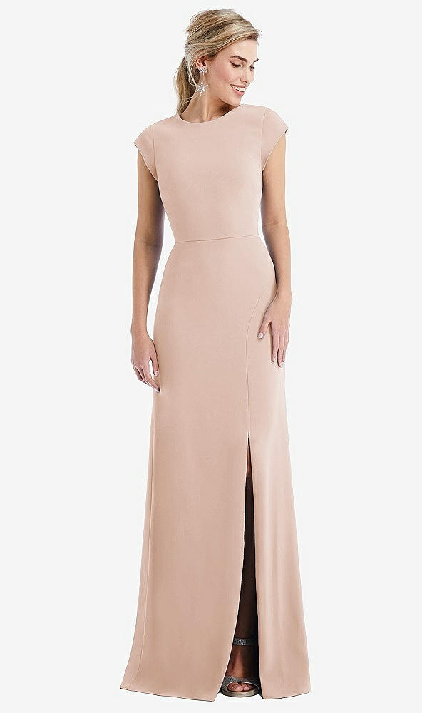 Front View - Cameo Cap Sleeve Open-Back Trumpet Gown with Front Slit