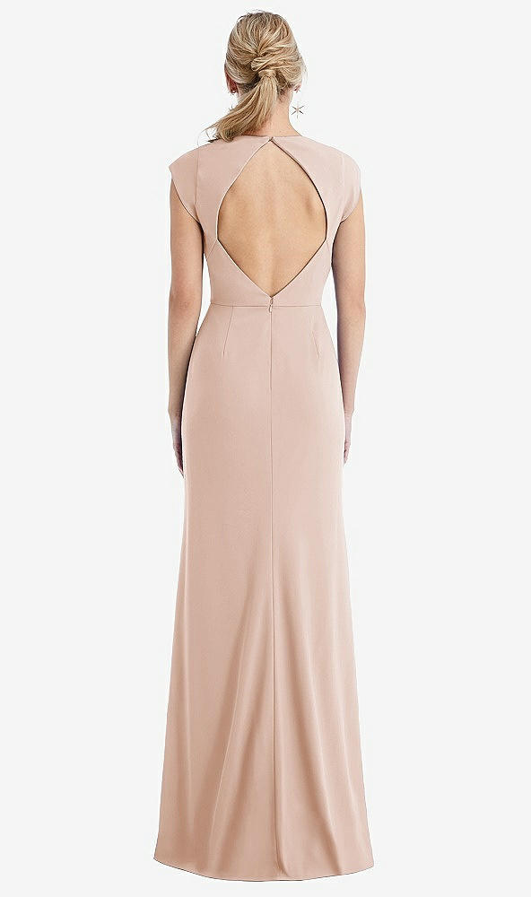 Back View - Cameo Cap Sleeve Open-Back Trumpet Gown with Front Slit
