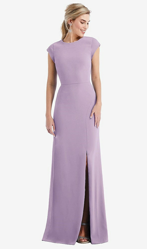 Front View - Pale Purple Cap Sleeve Open-Back Trumpet Gown with Front Slit