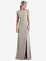 Front View Thumbnail - Taupe Cap Sleeve Open-Back Trumpet Gown with Front Slit