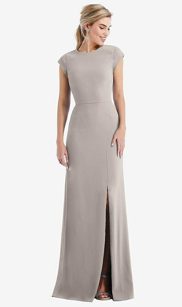 Front View - Taupe Cap Sleeve Open-Back Trumpet Gown with Front Slit