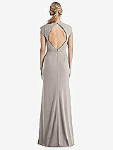 Rear View Thumbnail - Taupe Cap Sleeve Open-Back Trumpet Gown with Front Slit
