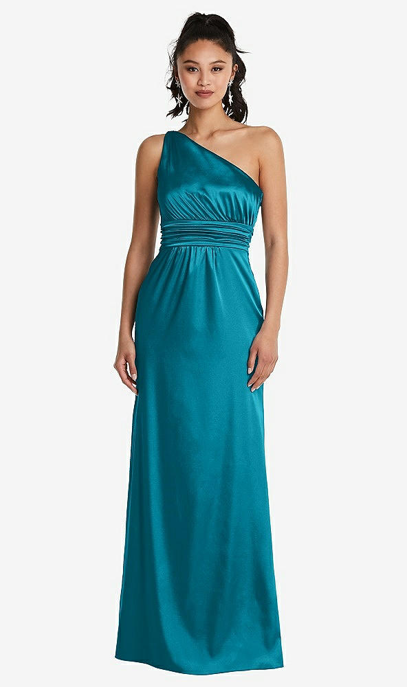 Front View - Oasis One-Shoulder Draped Satin Maxi Dress
