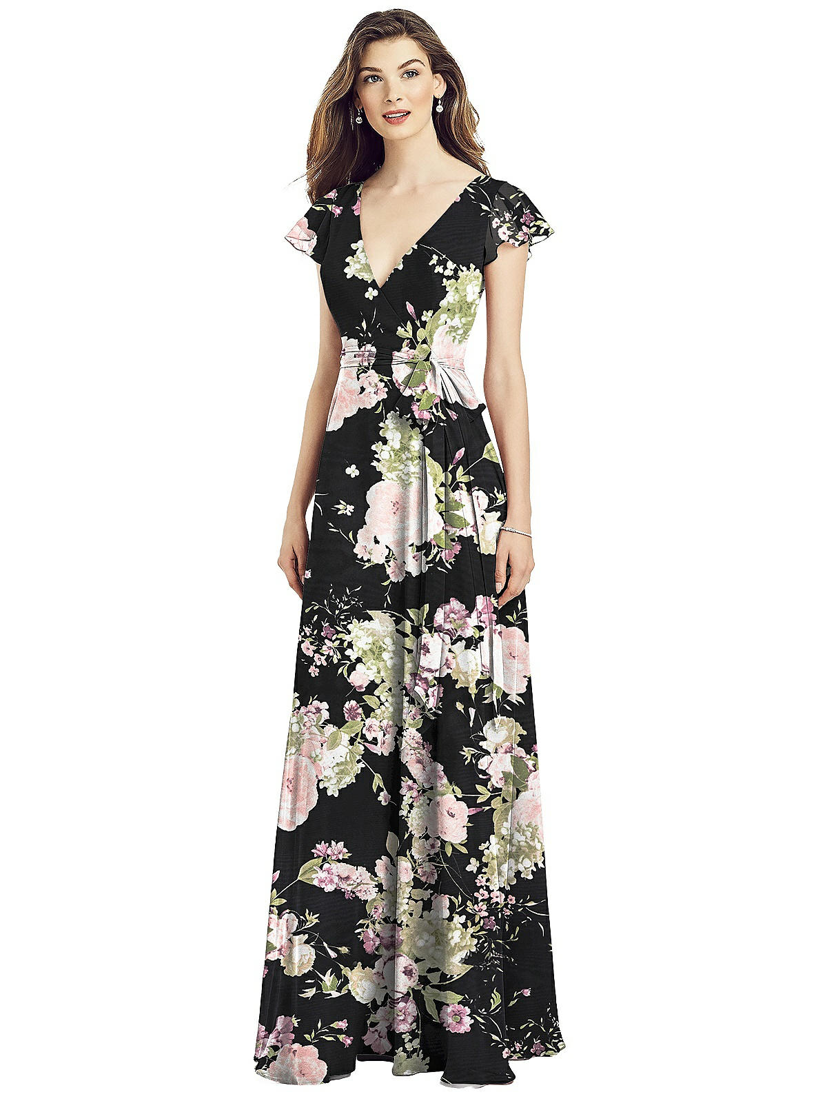 Flutter Sleeve Faux Wrap Chiffon Bridesmaid Dress In Noir Garden | The ...