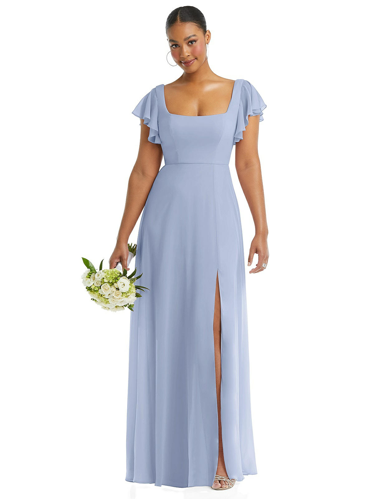Flutter Sleeve Scoop Open-Back Chiffon Maxi Dress