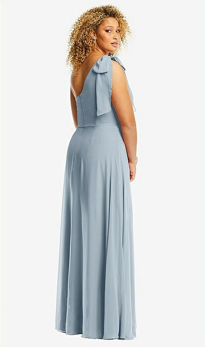 mastermind orm malt Draped One-shoulder Maxi Bridesmaid Dress With Scarf Bow In Mist | The  Dessy Group