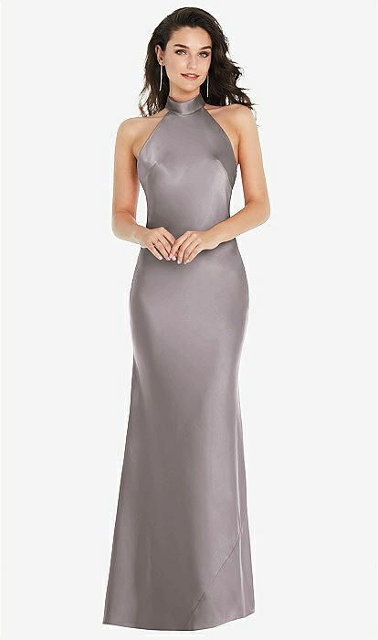 Scarf Tie High-neck Halter Maxi Bridesmaid Dress Cashmere Gray | The Dessy Group