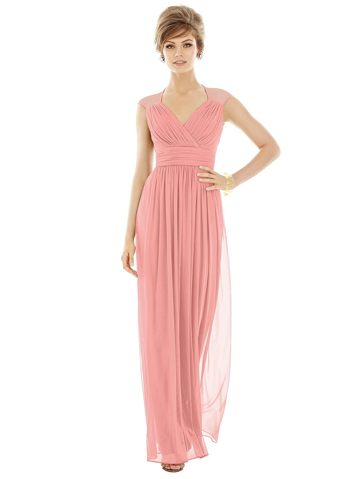 Chiffon Knit Cap Sleeve Vneck Maxi Bridesmaid Dress In Apricot | The ...