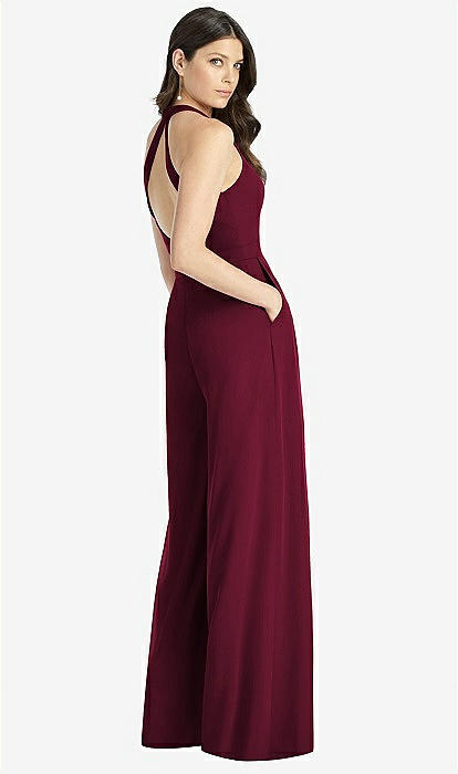 V-neck Backless Pleated Front Jumpsuit In Cabernet | The Dessy Group