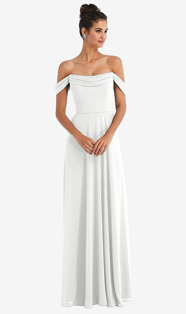 Front View - White Off-the-Shoulder Draped Neckline Maxi Dress