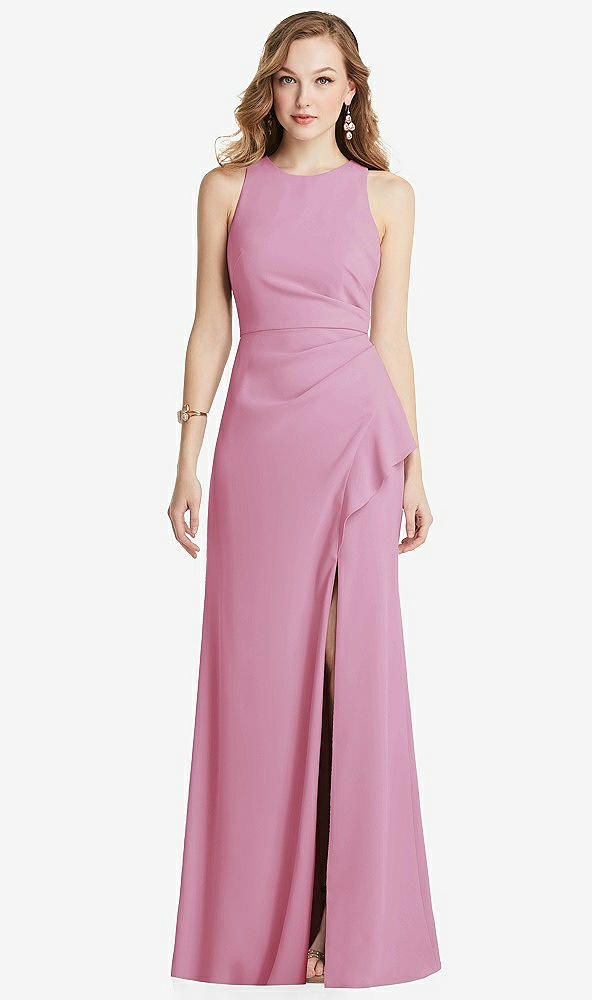 Front View - Powder Pink Halter Maxi Dress with Cascade Ruffle Slit