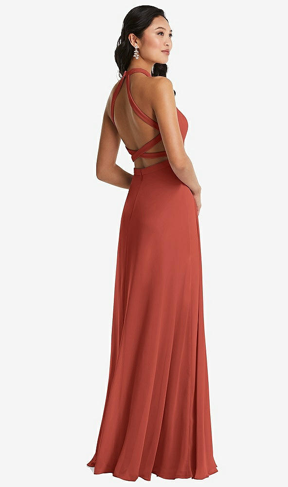 Front View - Amber Sunset Stand Collar Halter Maxi Dress with Criss Cross Open-Back