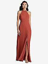 Rear View Thumbnail - Amber Sunset Stand Collar Halter Maxi Dress with Criss Cross Open-Back