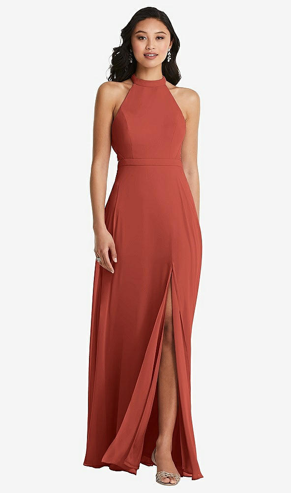 Back View - Amber Sunset Stand Collar Halter Maxi Dress with Criss Cross Open-Back