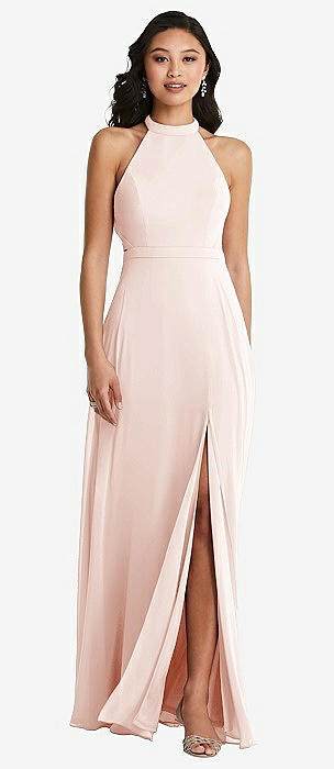 High Neck Backless Maxi Bridesmaid Dress With Slim Belt In Champagne