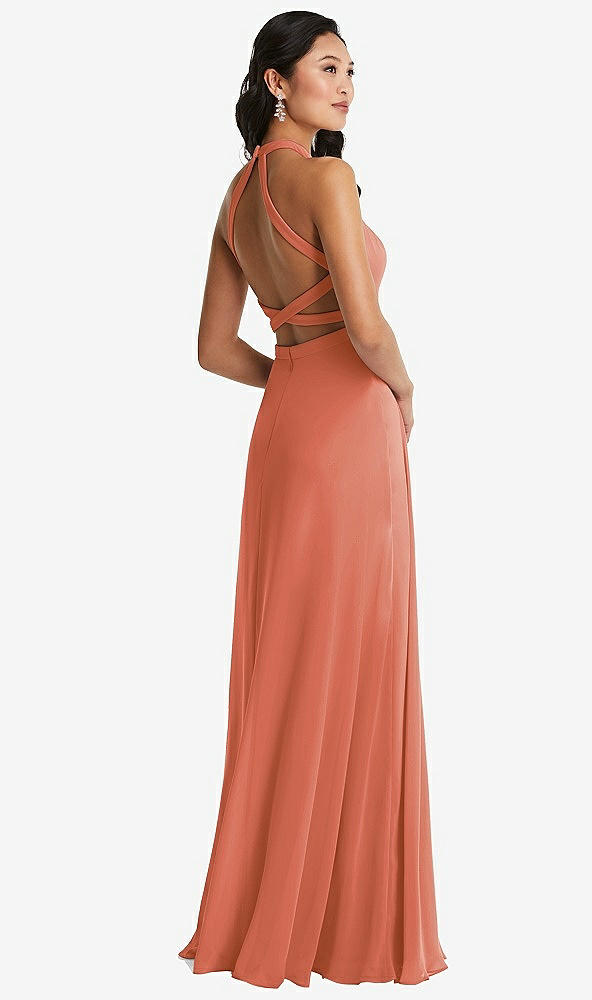 Front View - Terracotta Copper Stand Collar Halter Maxi Dress with Criss Cross Open-Back