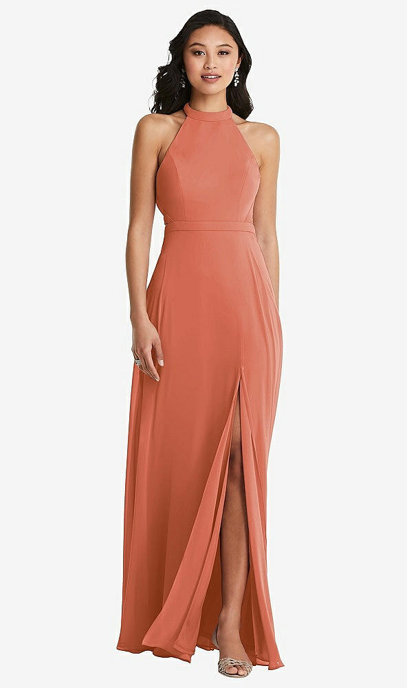 Back View - Terracotta Copper Stand Collar Halter Maxi Dress with Criss Cross Open-Back